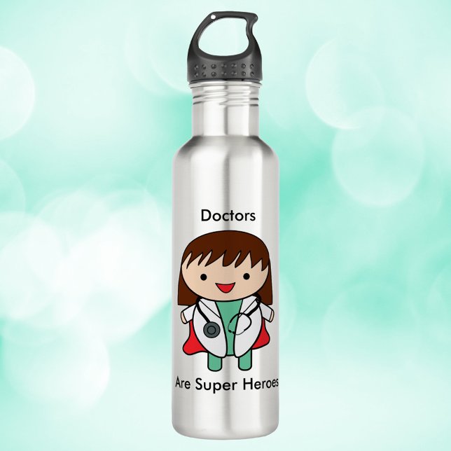 Doctors Are Super Heros Female Kawaii 710 Ml Water Bottle (A water bottle with a picture of a female doctor and the text, "Doctors Are Super heroes".)