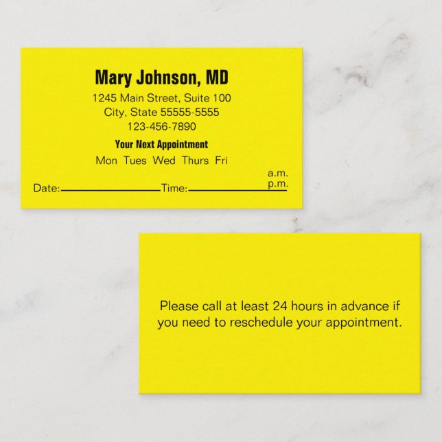 Doctors Office Black Yellow Your Next Appointment Card (Front/Back)