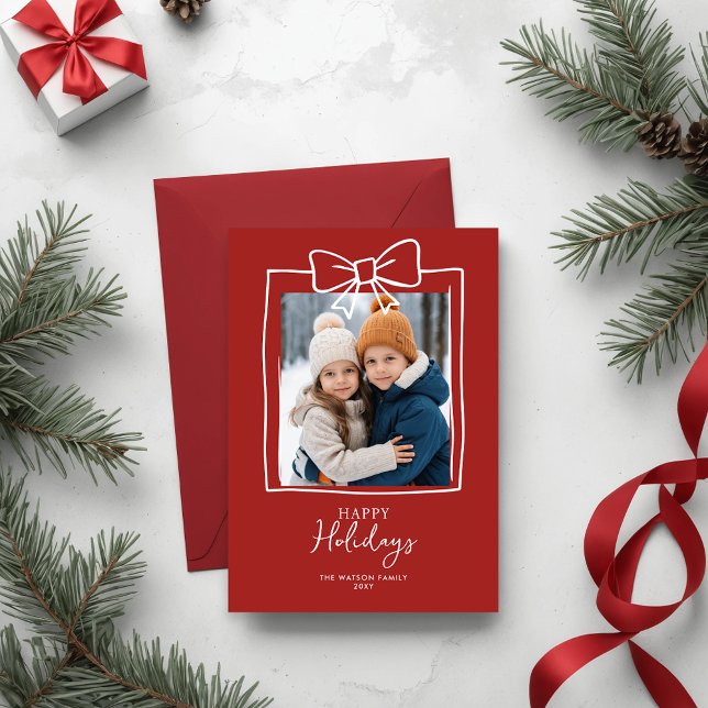 Doddle Hand Drawn Bow Christmas Photo Holiday Postcard (Doodle Christmas Hand-Drawn Bow Ribbon Holiday Card)