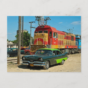 Dodge and diesel locomotive postcard