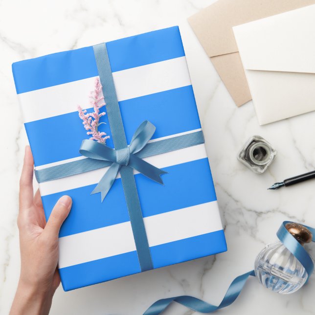 Dodger Blue White Classic Horizontal Striped Wrapping Paper (Gifting)
