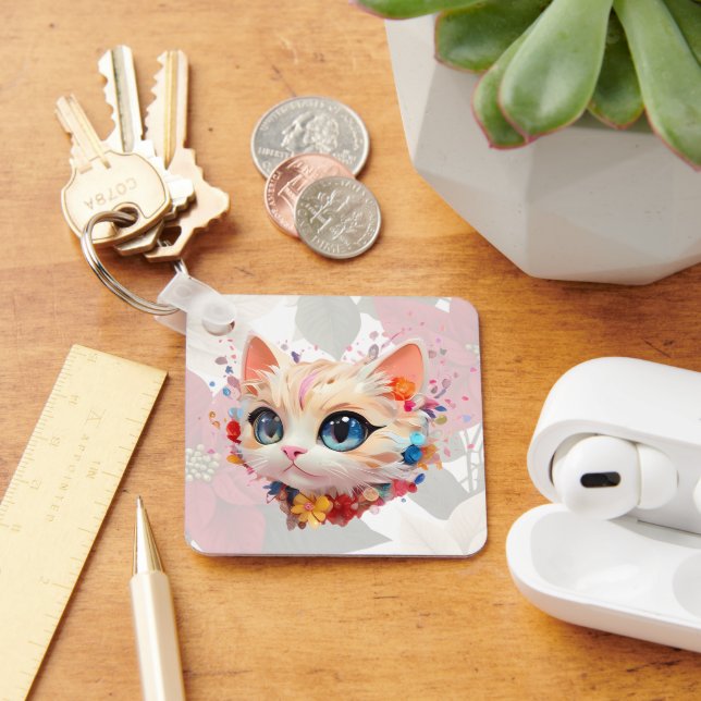 Dodo chic cute emotional cute cat pink background  key ring (Desk)