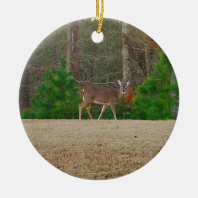 Doe a Deer & Pine Trees Ceramic Tree Decoration (Front)