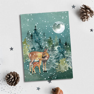 Doe and Fawn Deer Forest Full Moon Snowfall Holiday Card