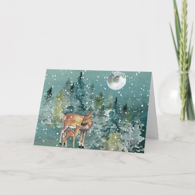 Doe and Fawn Deer in Forest Full Moon Snowfall Card (Front)