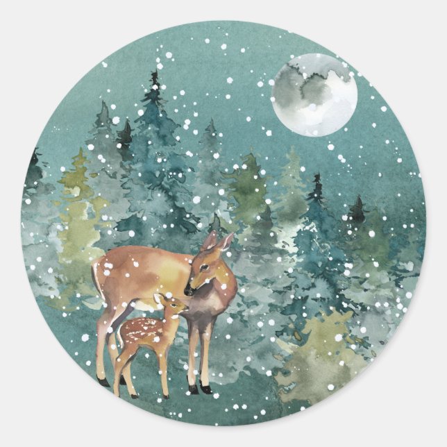 Doe and Fawn Deer in Forest Full Moon Snowfall Classic Round Sticker (Front)