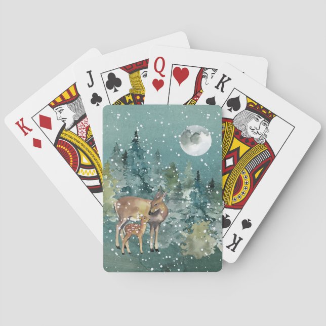 Doe and Fawn Deer in Forest Full Moon Snowfall Playing Cards (Back)