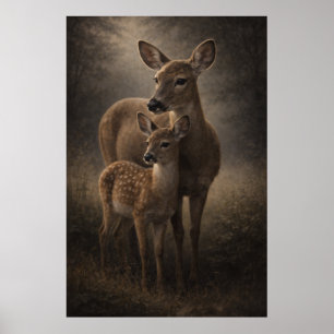 Doe and Fawn Deer Wildlife Art Poster