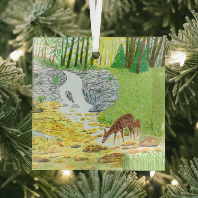 Doe and Fawn Glass Tree Decoration (Insitu)