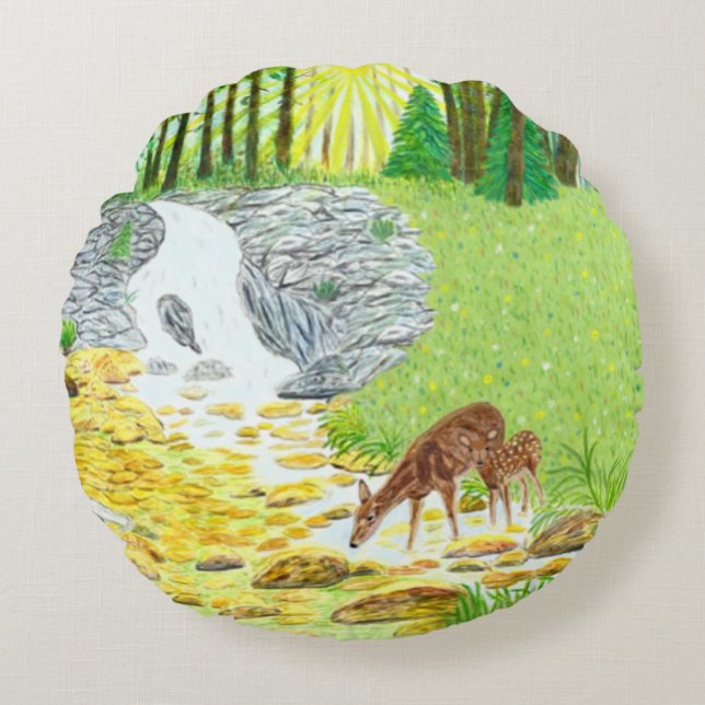 Doe and Fawn Round Cushion (Front)
