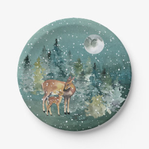 Doe Fawn Deer Forest Full Moon Snowfall Holiday Paper Plate