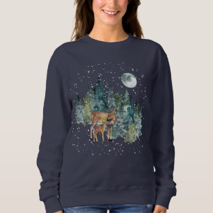 Doe Fawn Deer Forest Full Moon Snowfall Holiday Sweatshirt