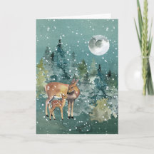 Doe Fawn Deer Forest Full Moon Snowfall Watercolor