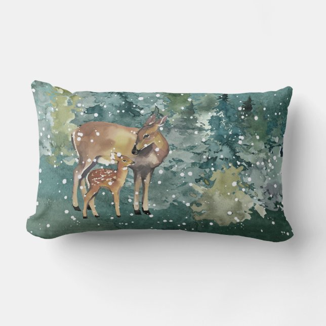 Doe Fawn Deer in Forest Snowfall Lumbar Cushion (Front)