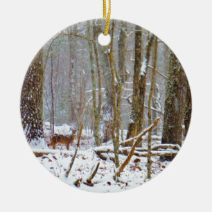 Doe in the snow, Deer in Lake Arrowhead Ceramic Tree Decoration