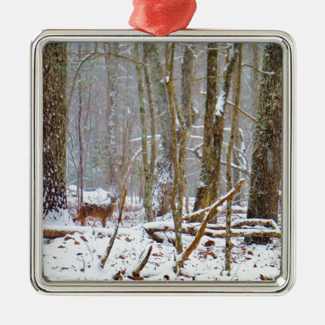 Doe in the snow, Deer in Lake Arrowhead Metal Ornament (Front)