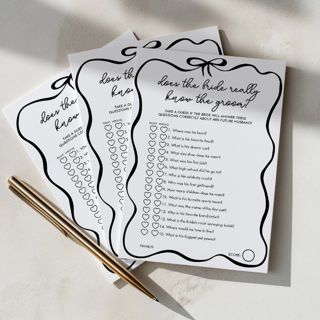 Does the Bride know the Groom Bow Bridal Shower Advice Card (Does the bride really know the groom? Black bow bridal shower games)