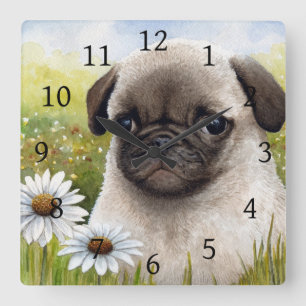 Dog 114 Pug Daisy flower Square Wall Clock