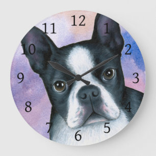 Dog 128 Boston Terrier Pink Blue background Large Clock