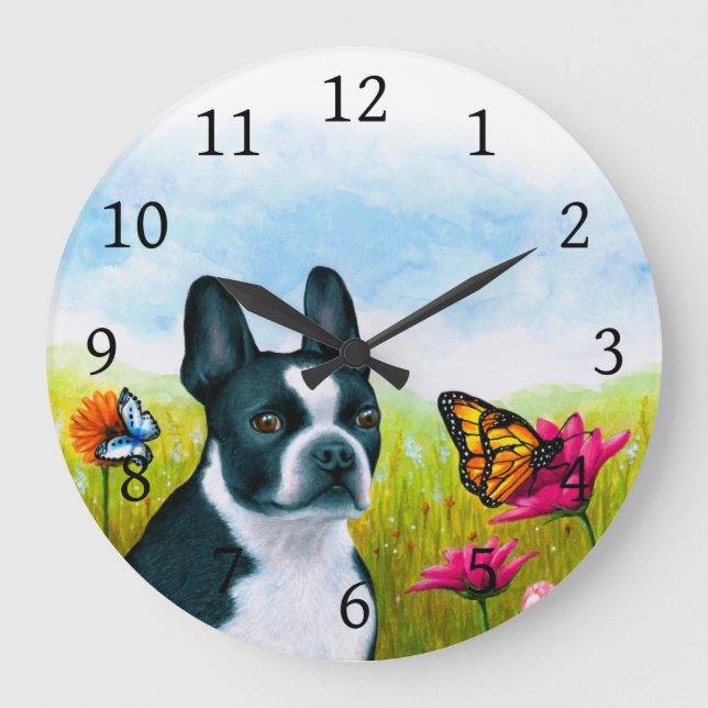 Dog 134 Boston Terrier butterfly flower Large Clock (Front)