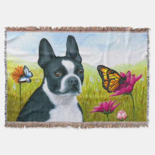 Dog 134 Boston Terrier Butterfly Flower Throw Blanket