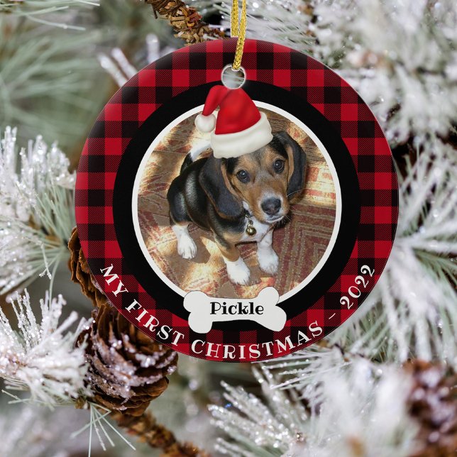  Dog 1st Christmas Photo Buffalo Plaid Santa Hat Ceramic Ornament (Creator Uploaded)