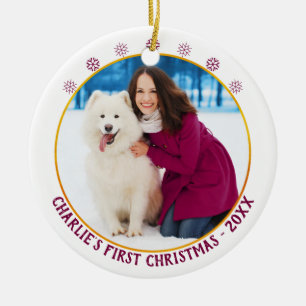 Dog 1st Christmas - Photo Name & Year - White Gold Ceramic Ornament
