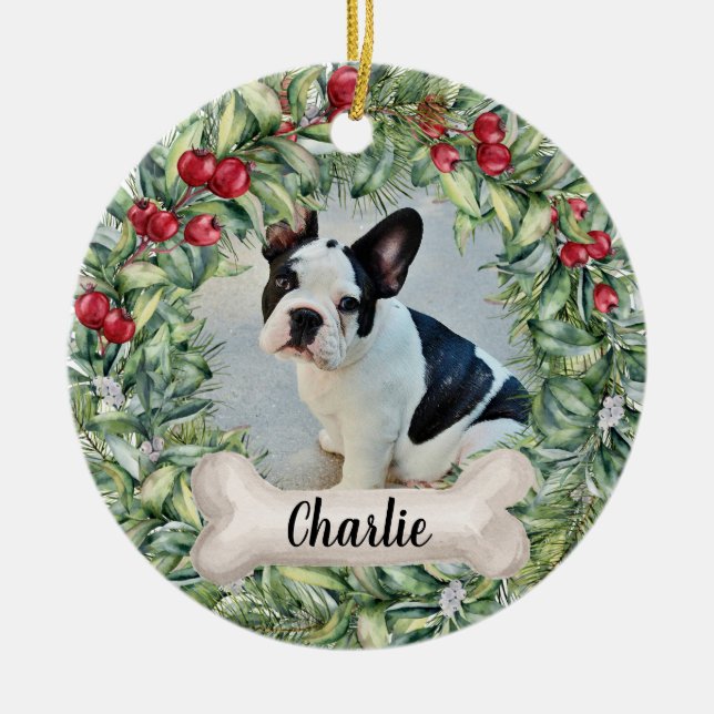 Dog 2 Sided 2 Photo Red Berry Wreath Name Year Ceramic Ornament (Front)