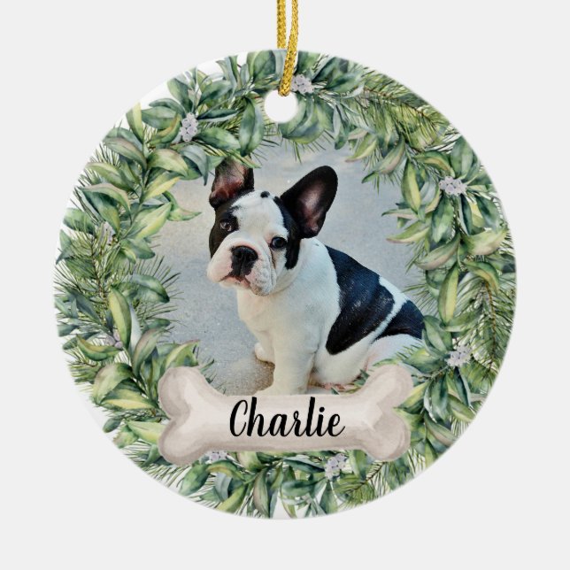 Dog 2 Sided 2 Photo Wreath Name Year Ceramic Ornam Ornament (Front)