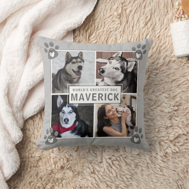 Dog 5 Photo Collage Paw Print Heart Grau Cushion (Blanket)