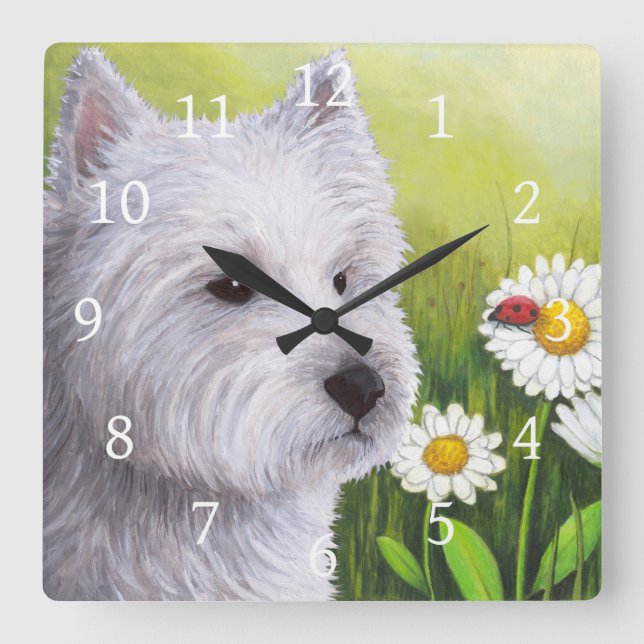 Dog 83 White Westie Square Wall Clock (Front)