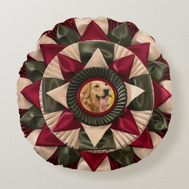 Dog A.K.C. Title Photo Ribbon Rosette Round Cushion (Front)