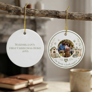 Dog adoption photo botanical sage green ceramic ornament