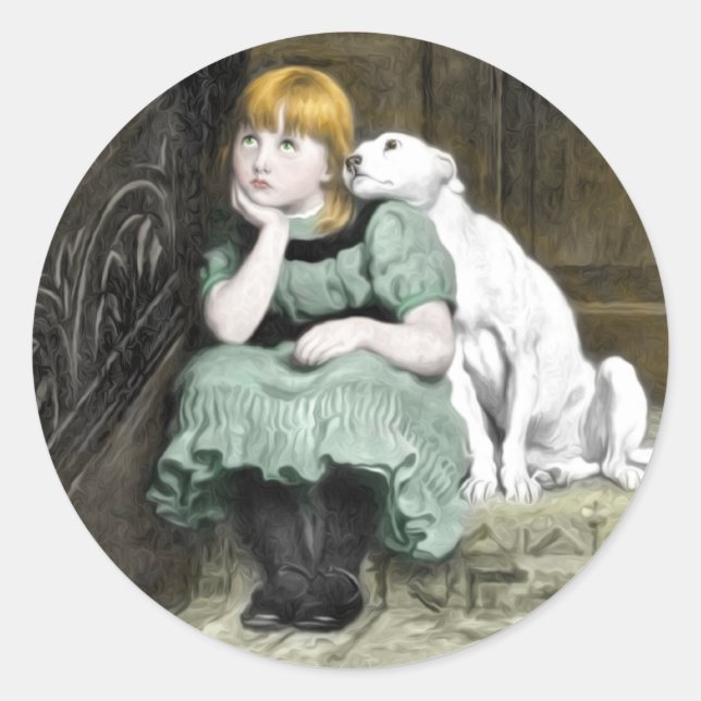 Dog Adoring Girl Victorian Painting Classic Round Sticker (Front)