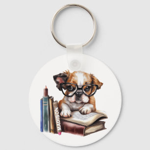 Dog And Books  Key Ring