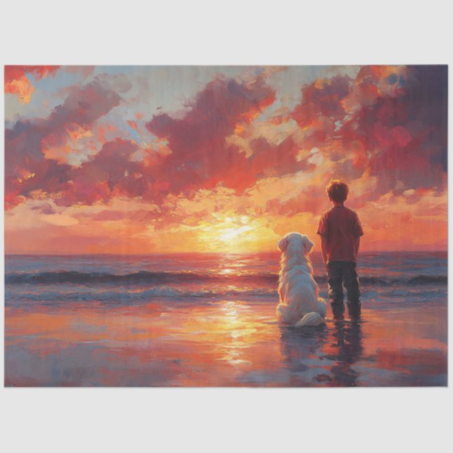 Dog and Boy Watching Sunset on the Beach Tissue Paper (Front)