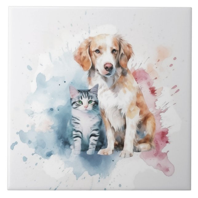 Dog and Cat Best Friends Ceramic Tile (Front)