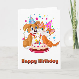 Dog and Cat Celebration Happy Birthday Card