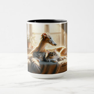 Dog and cat cuddling. mug