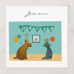 Dog and cat dressed up party hats invitation
