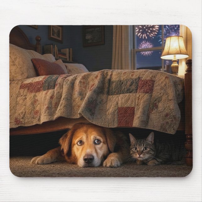 Dog and Cat Hiding Under a Bed Mouse Pad (Front)
