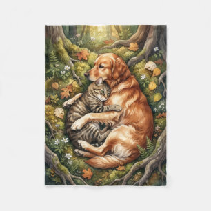 Dog And Cat Hug Forest Wildlife Companionship Flee Fleece Blanket