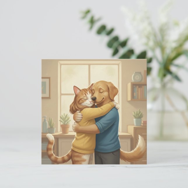 Dog and Cat Hug Square Invitation (Standing Front)