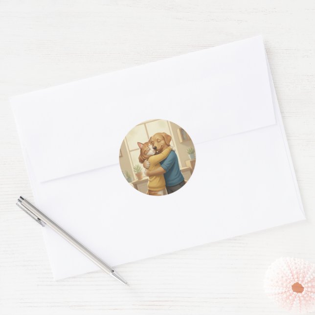Dog and Cat Hugging Classic Round Sticker (Envelope)
