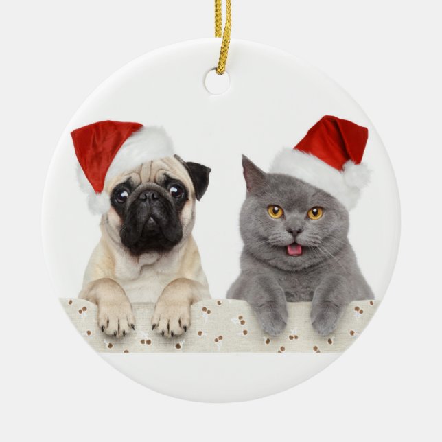 Dog And Cat In Red Christmas Hat Ceramic Tree Decoration (Front)