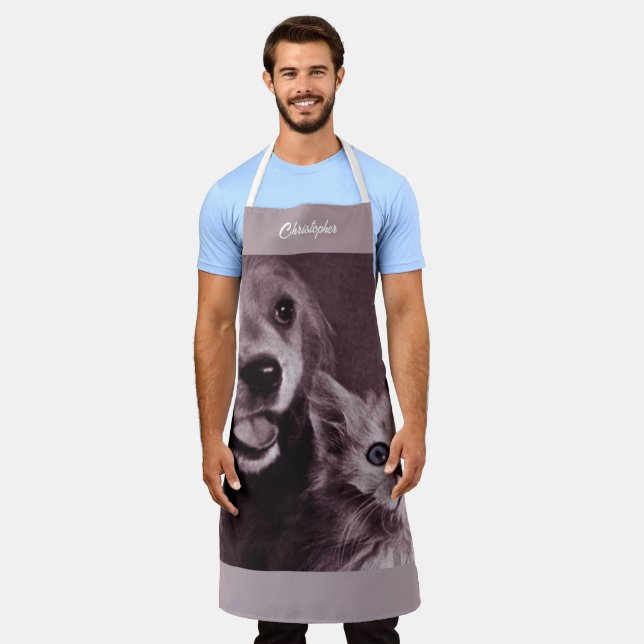 Dog and Cat, Looking Up Personalised Apron (Worn)