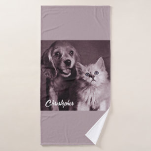 Dog and Cat, Looking Up Personalised Bath Towel
