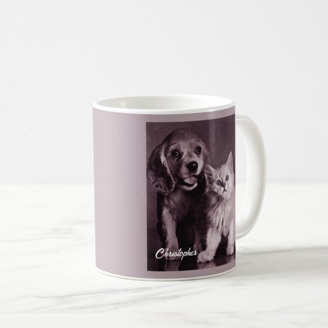 Dog and Cat, Looking Up Personalised Coffee Mug (Front Right)