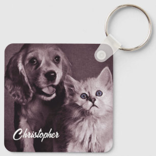 Dog and Cat, Looking Up Personalised Key Ring