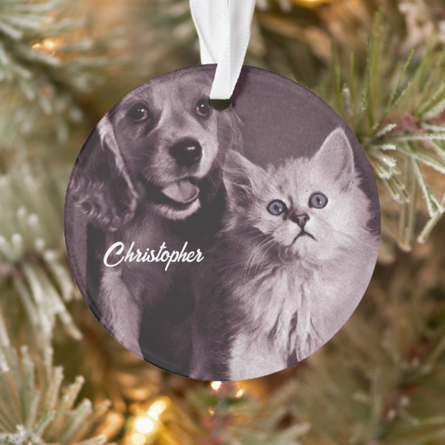 Dog and Cat, Looking Up Personalised Ornament (Tree)
